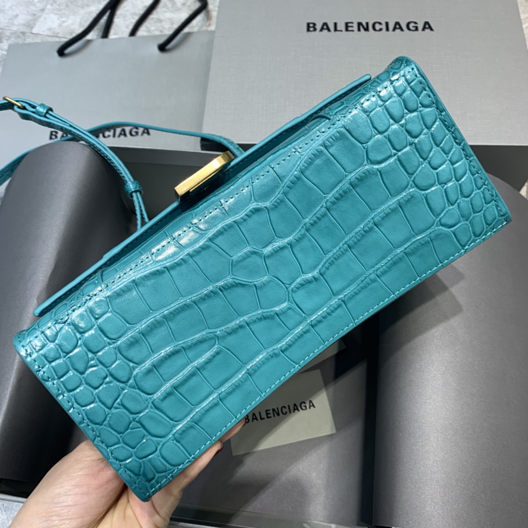 Balenciaga Hourglass Small Handbag Crocodile Embossed Shoulder Bag Green Blue